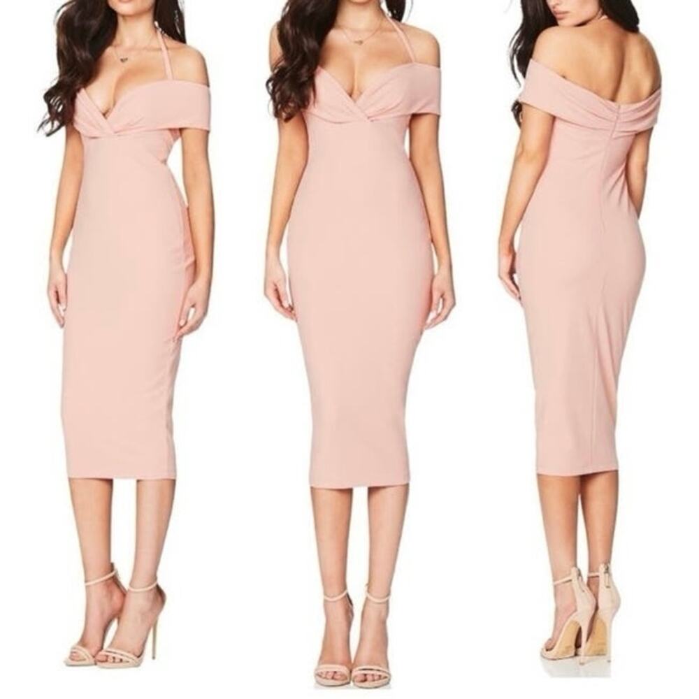 Nookie Blush Pink Off-Shoulder Midi Dress - Picture 1 of 8